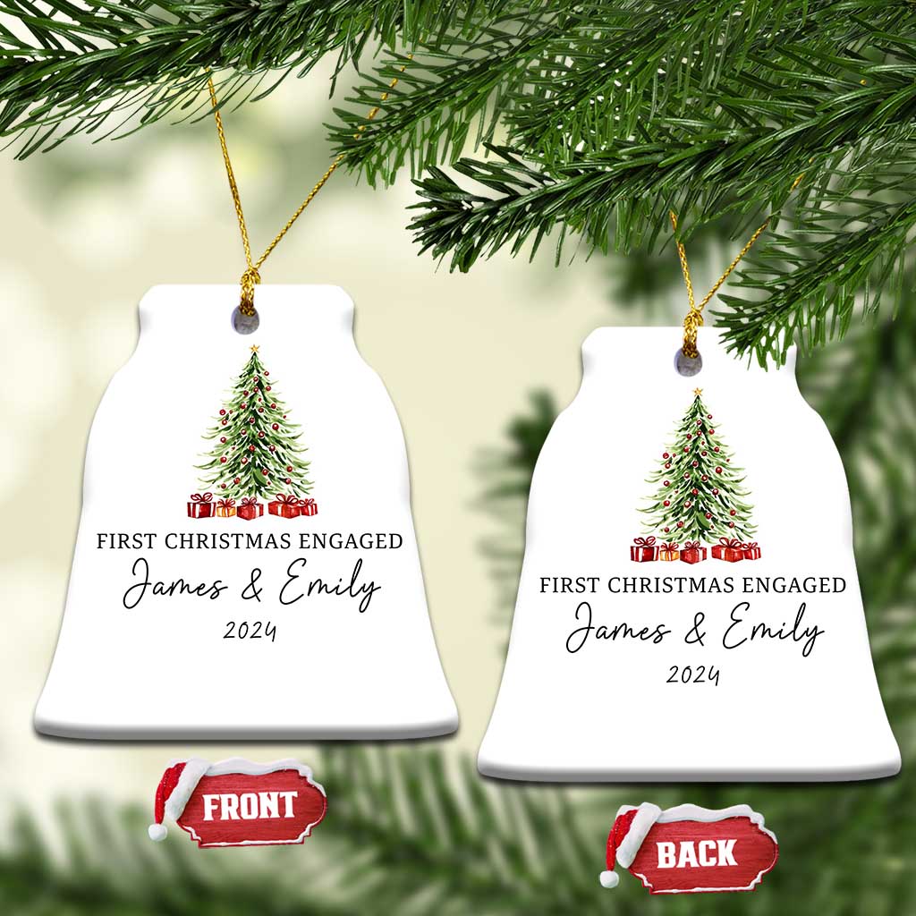 Two personalized Christmas ornaments with tree graphic: white bell shape and "James & Emily 2024"
