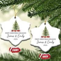 Two personalized clover-shaped Christmas ornaments with tree graphic and "James & Emily 2024"
