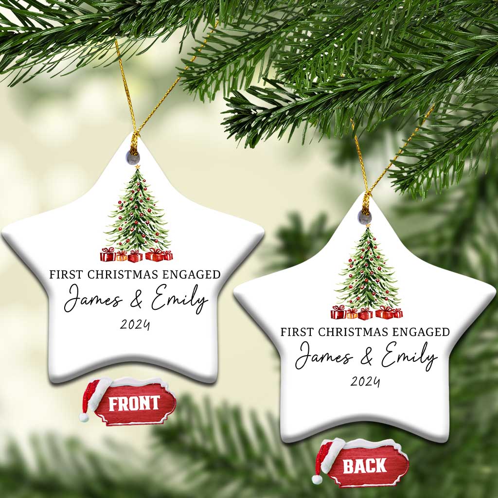 Two personalized star-shaped Christmas ornaments hanging with tree graphic and "James & Emily 2024"