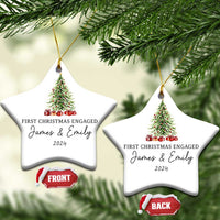 Two personalized star-shaped Christmas ornaments hanging with tree graphic and "James & Emily 2024"
