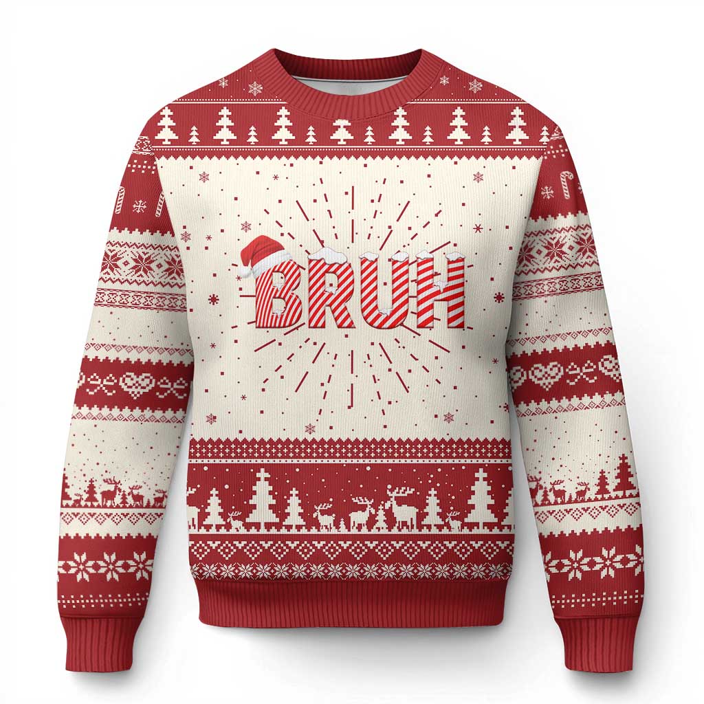 Red and cream ugly Christmas sweater with 'BRUH' graphic, snowflake and tree pattern.