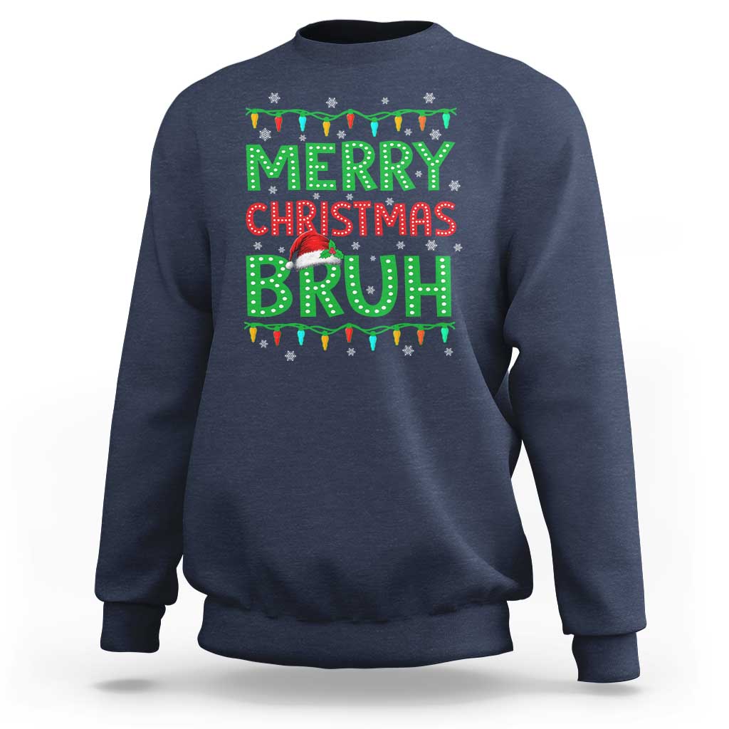 Navy crewneck sweatshirt with green 'MERRY CHRISTMAS BRUH' print