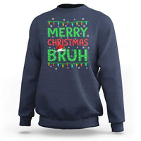 Navy crewneck sweatshirt with green 'MERRY CHRISTMAS BRUH' print