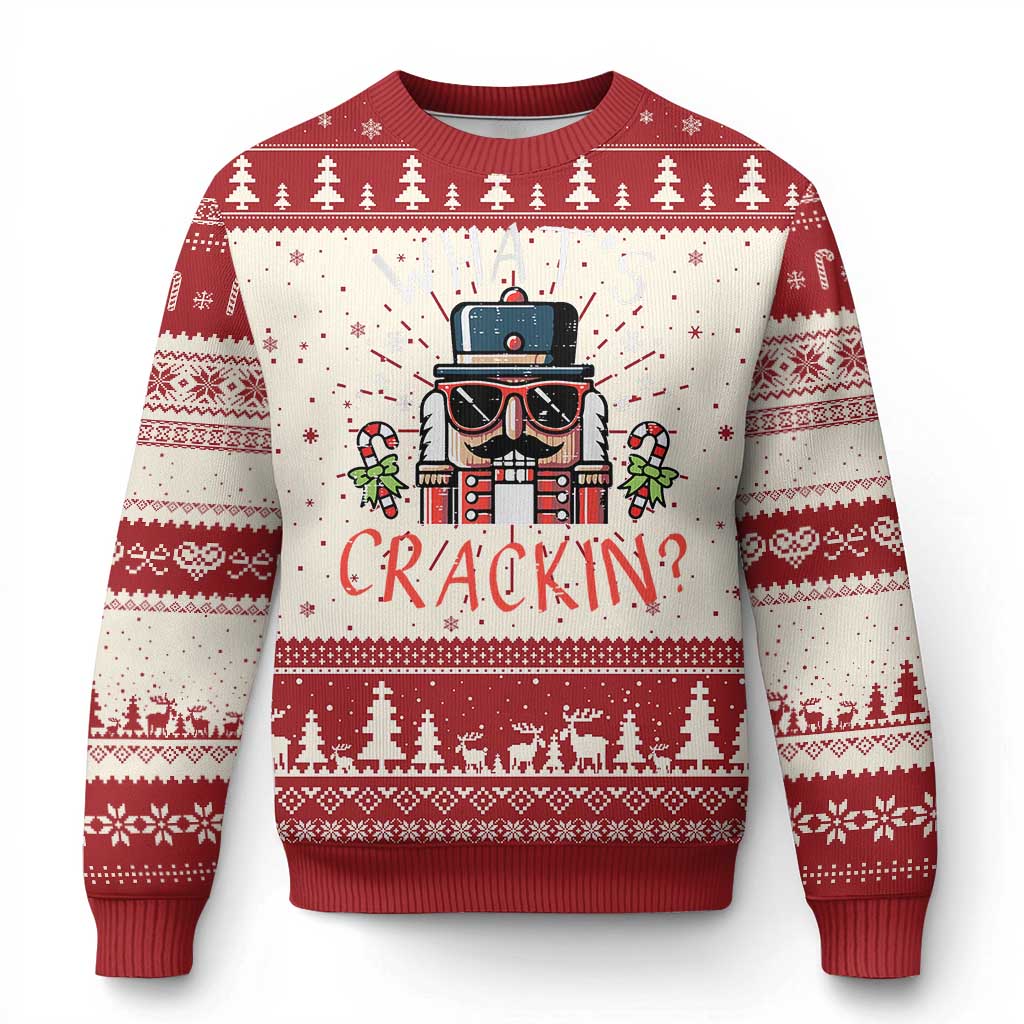 Red and cream ugly Christmas sweater with nutcracker graphic and 'CRACKIN?' text, crewneck