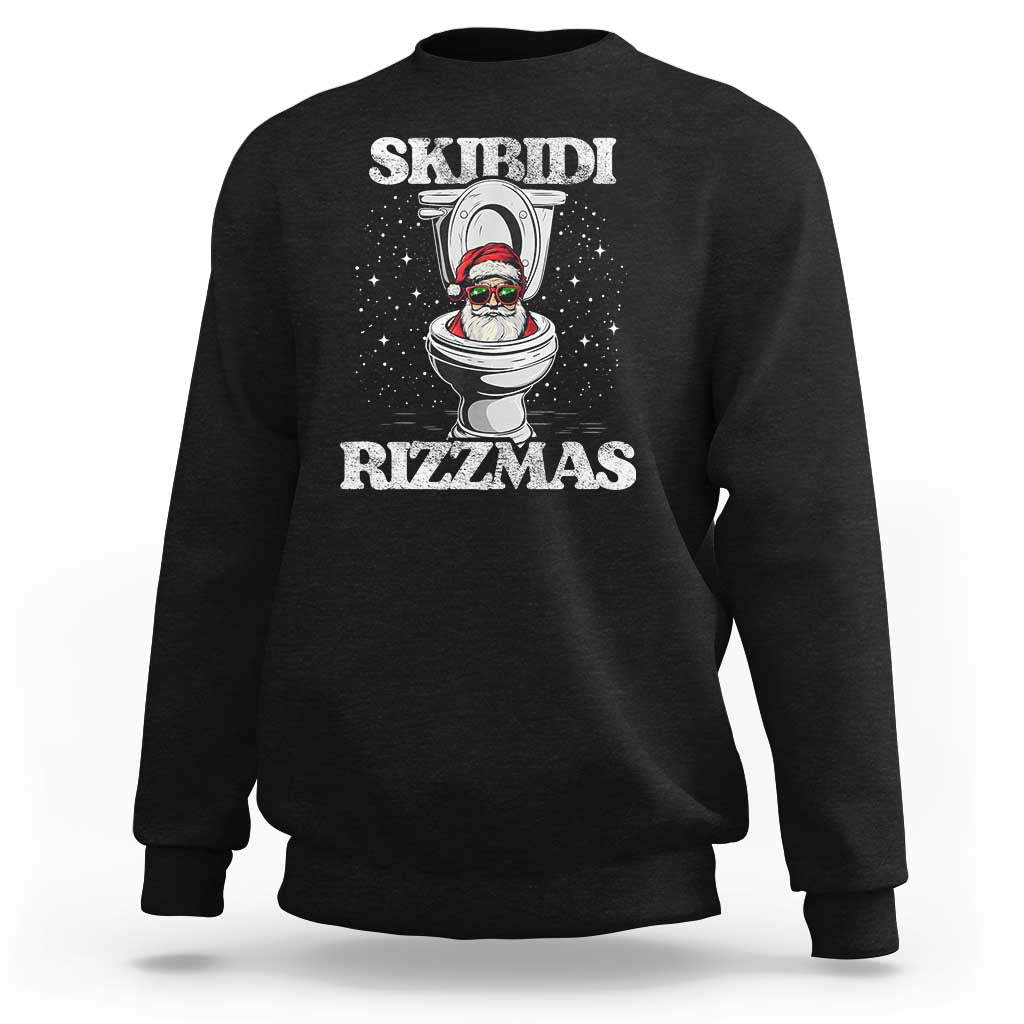 Black crewneck sweatshirt with cartoon astronaut toilet graphic and “SKIBIDI RIZZMAS” text