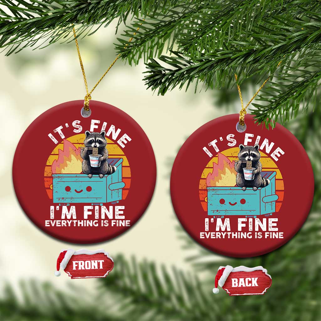 Set of red ornaments on pine branches: round raccoon noodle cup meme “It’s Fine” text