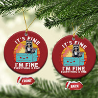 Set of red ornaments on pine branches: round raccoon noodle cup meme “It’s Fine” text