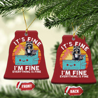 Two red Christmas ornaments: front/back views showing raccoon noodle cup meme “It’s Fine”