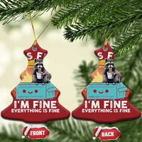 Red tree-shaped Christmas ornament with raccoon holding noodle cup and “I’m Fine” text