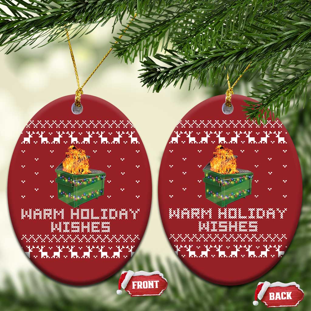 Red oval Christmas ornaments, front and back, with dumpster fire graphic and warm holiday wishes