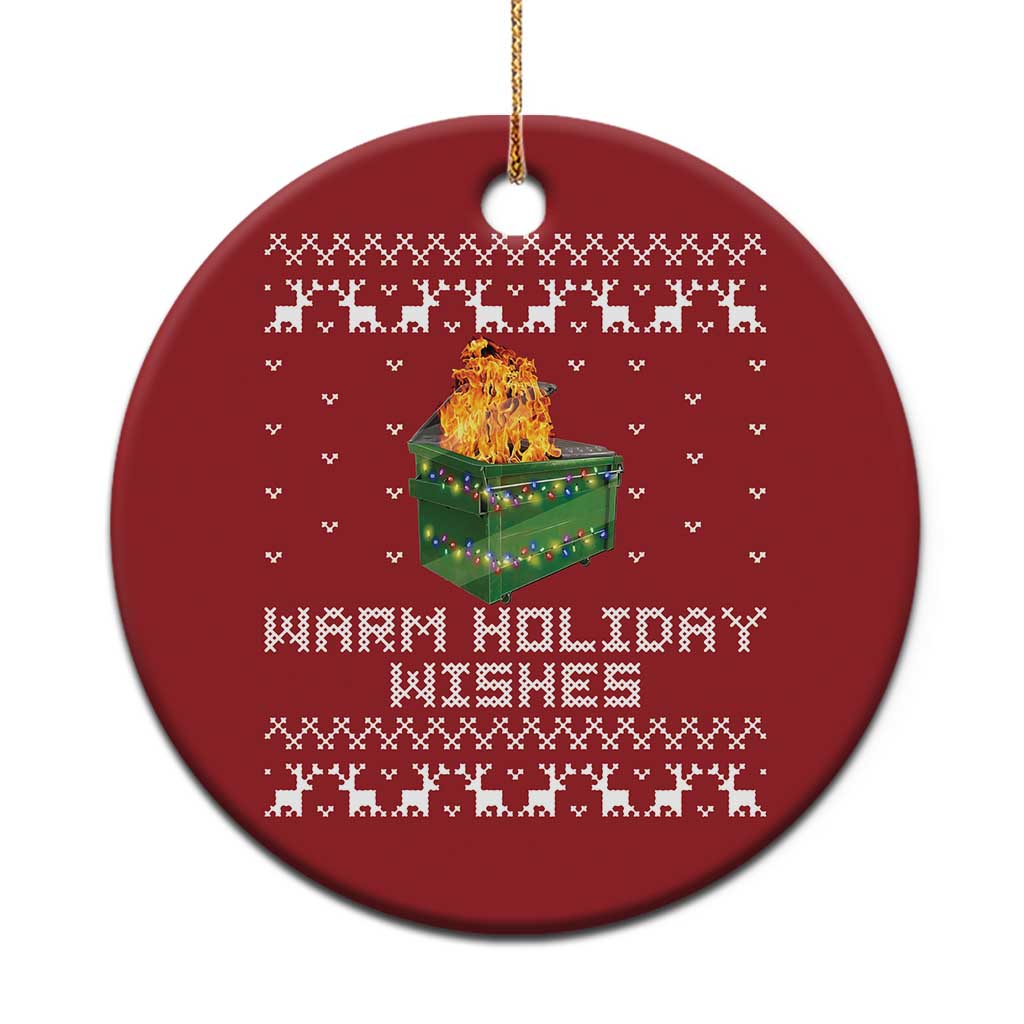 Red circle Christmas ornament with dumpster fire graphic and warm holiday wishes text