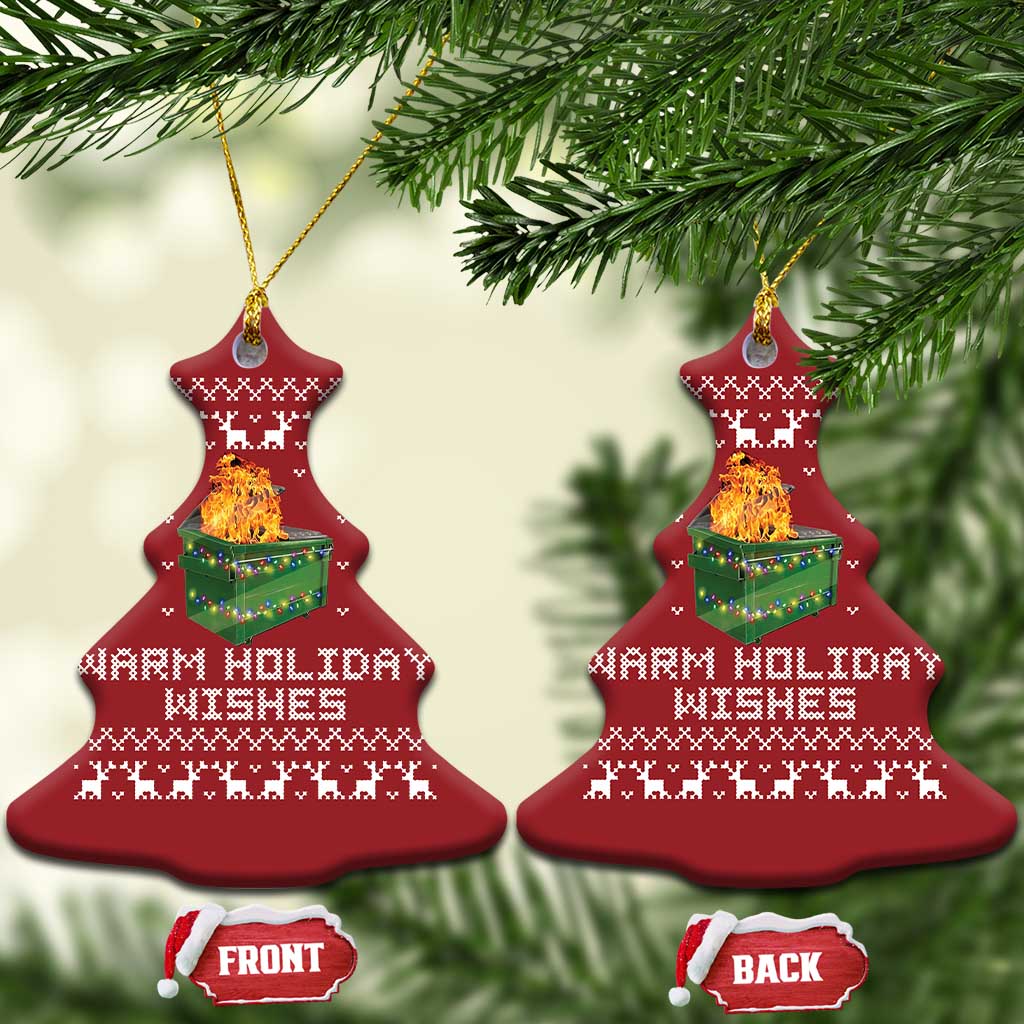 Red Christmas tree-shaped Christmas ornament, front and back, with dumpster fire graphic and warm holiday wishes