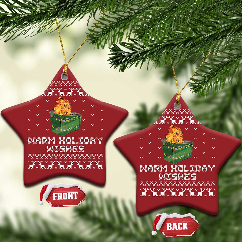 Red star-shaped Christmas ornaments, front and back, with dumpster fire graphic and warm holiday wishes
