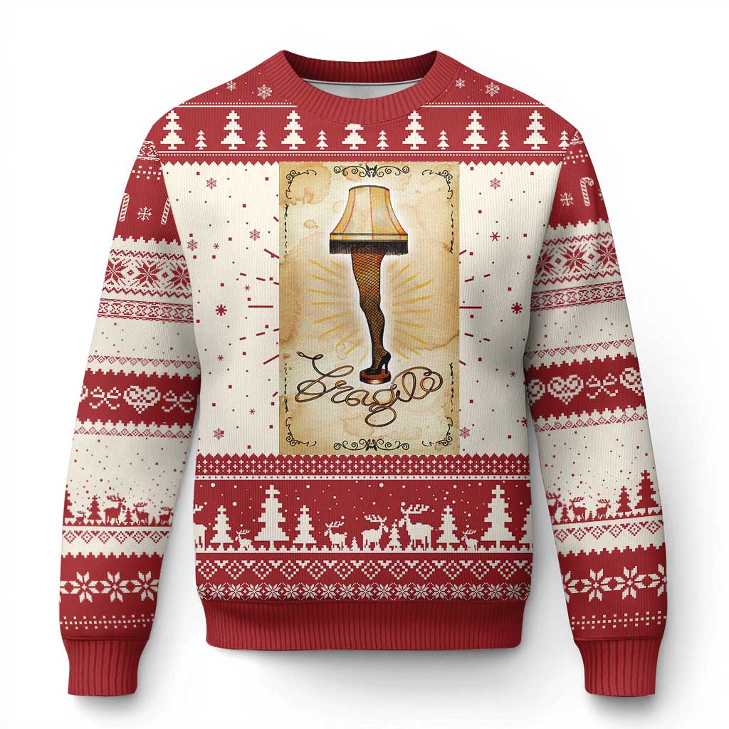 Red ugly Christmas sweater with leg lamp graphic, tree fair isle bands, crew neckline.