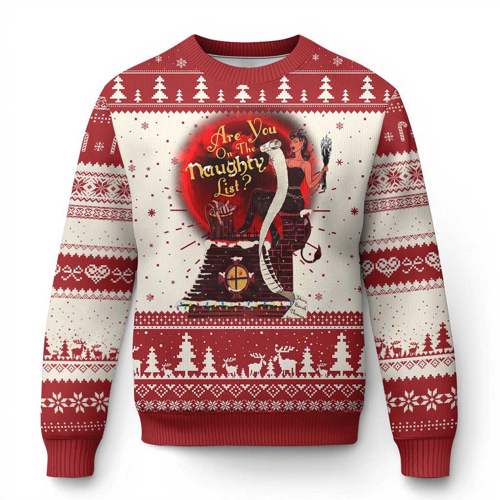 Ugly Christmas sweater in red with Krampus graphic and white tree fair isle bands