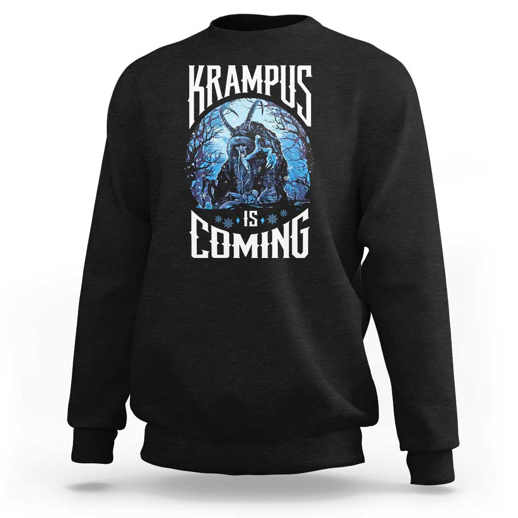 Black sweatshirt with Krampus monster graphic and “IS COMING” text, crew neck.
