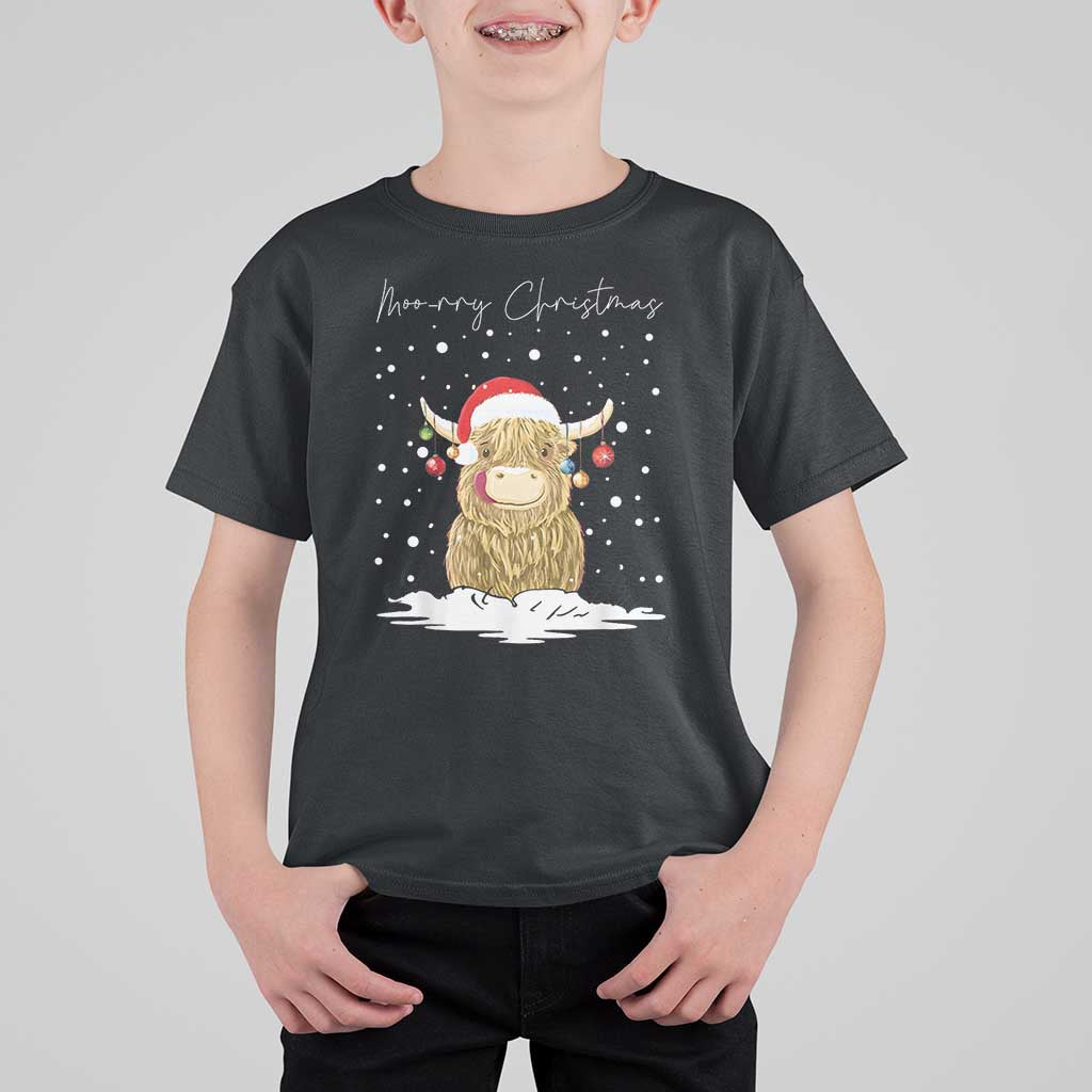 Christmas Cow T Shirt For Kid Scottish Highland Cow Moo-rry Christmas - Wonder Print Shop