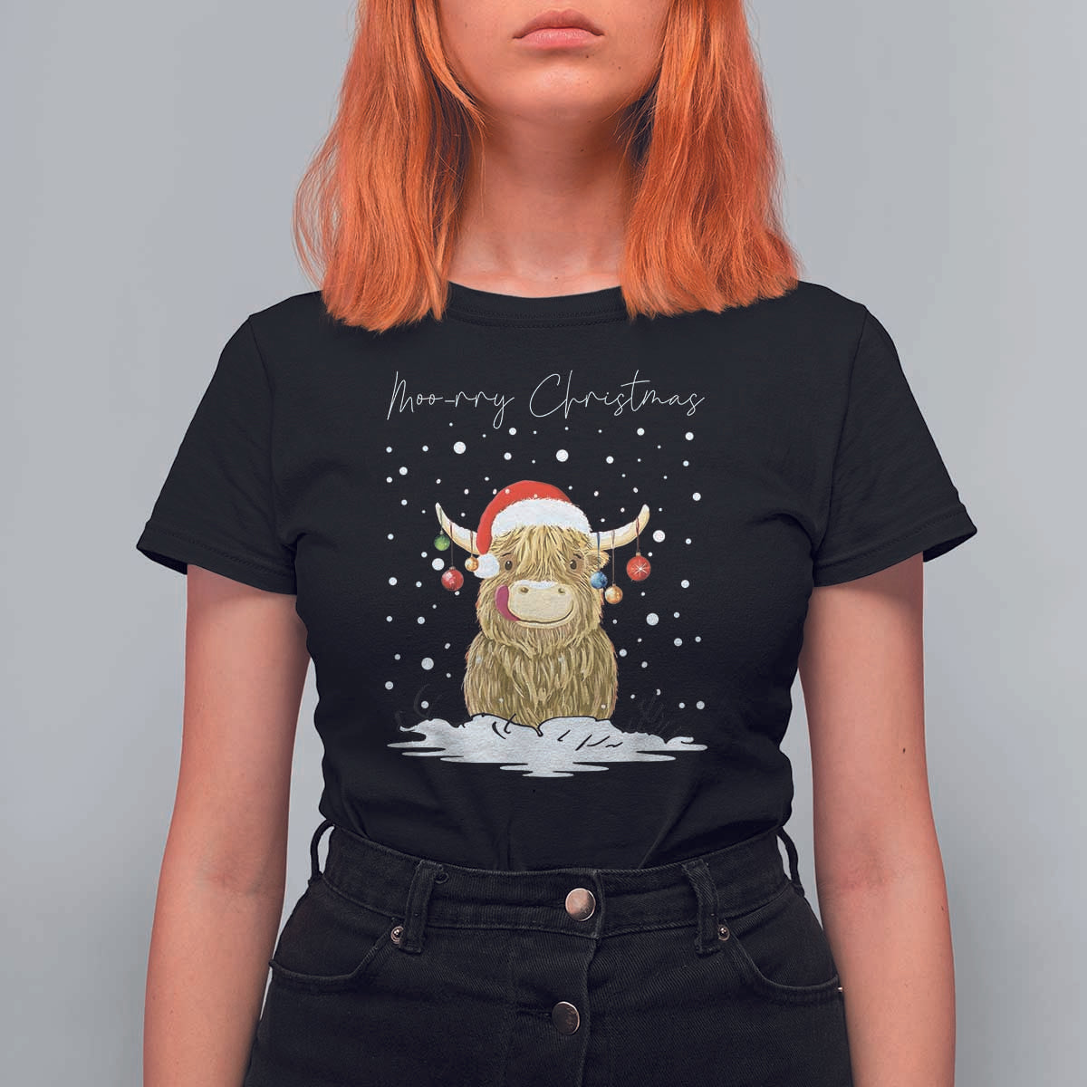 Christmas Cow T Shirt For Women Scottish Highland Cow Moo-rry Christmas - Wonder Print Shop