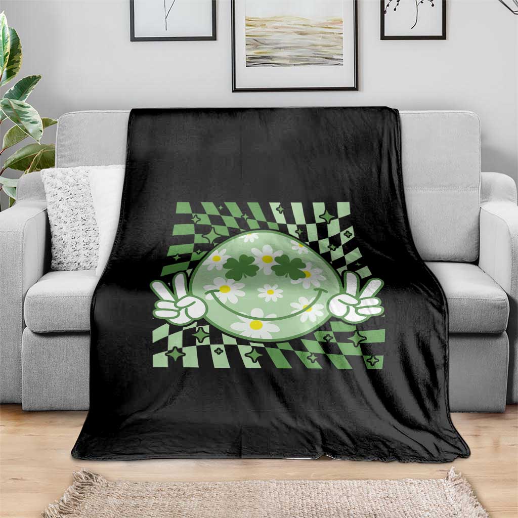 Retro Groovy Shamrock Smile Face St Patricks Day Throw Blanket