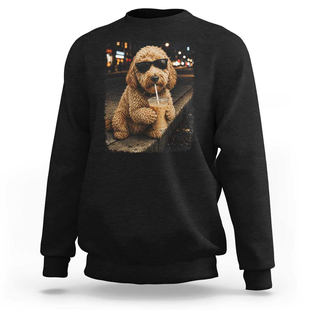 Goldendoodle Drinking Iced Coffee Sweatshirt Grunge Graphic Funny Dog Lover