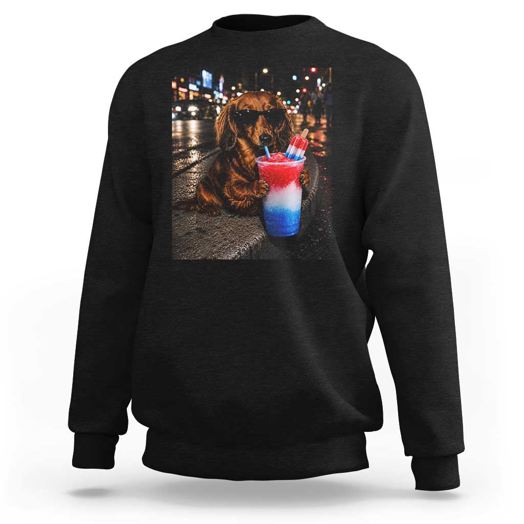 4th Of July Dachshund Drinking Slushie Sweatshirt Patriotic 250 Anniversary USA Dog Lovers Funny Meme