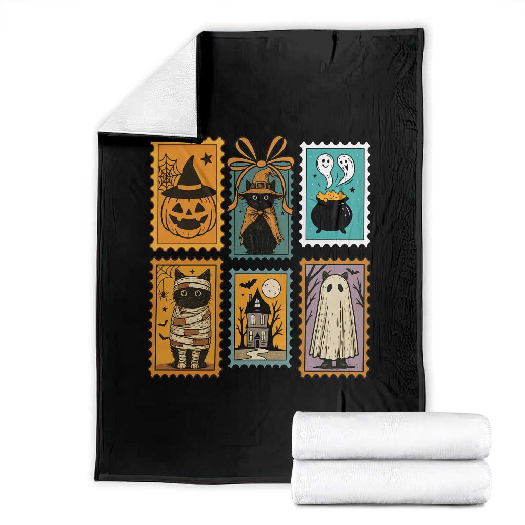Black Cat Pumpkin Throw Blanket Retro Halloween Ghots Cat Stamp - Wonder Print Shop