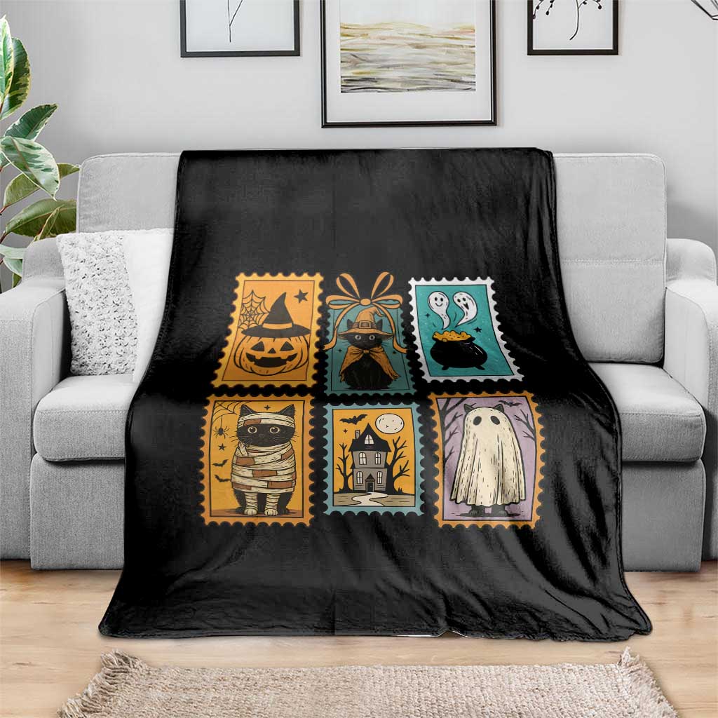 Black Cat Pumpkin Throw Blanket Retro Halloween Ghots Cat Stamp - Wonder Print Shop