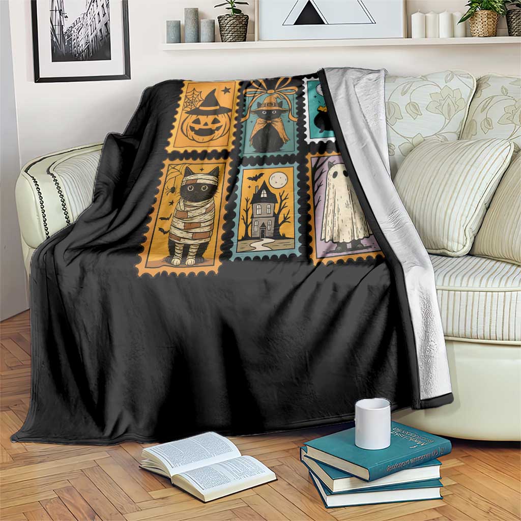 Black Cat Pumpkin Throw Blanket Retro Halloween Ghots Cat Stamp - Wonder Print Shop