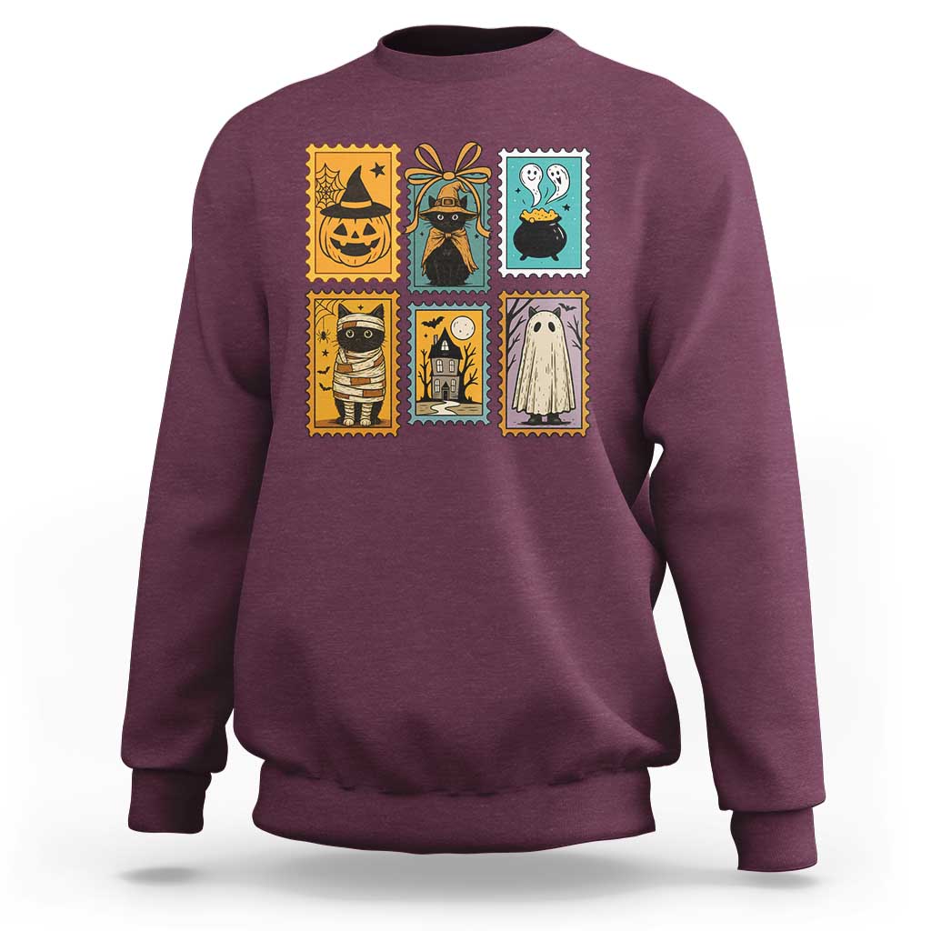 Black Cat Pumpkin Sweatshirt Retro Halloween Ghots Cat Stamp - Wonder Print Shop