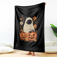 Vintage Halloween Ghost Cat Throw Blanket Groovy Floral Cute Black Cat Ghost Fall Pumpkin - Wonder Print Shop