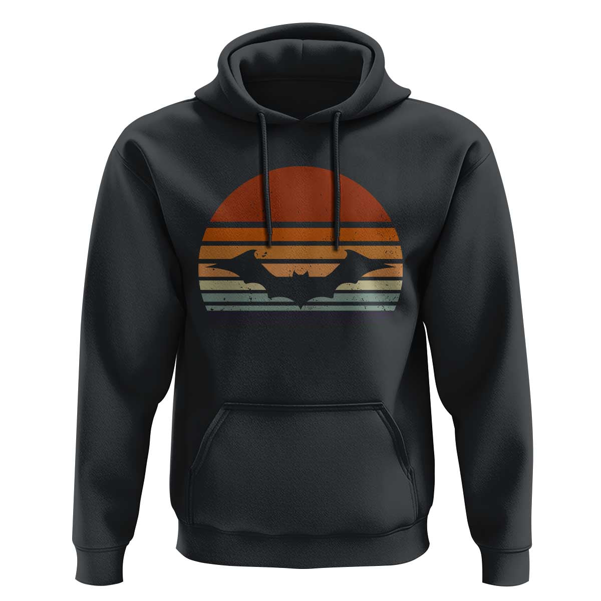 Dark gray pullover hoodie with bat graphic on chest and front kangaroo pocket.
