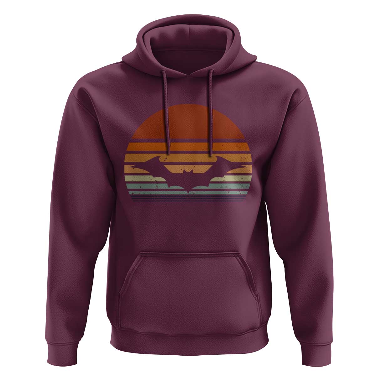Maroon pullover hoodie with bat graphic on chest and front kangaroo pocket.
