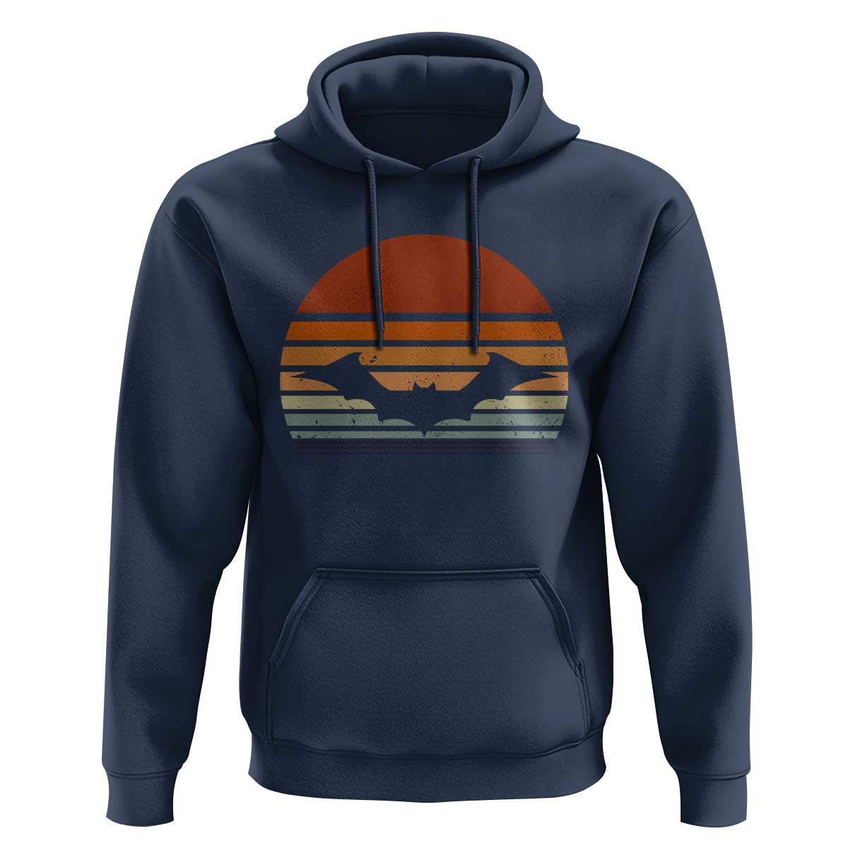 Navy pullover hoodie with bat graphic on chest and front kangaroo pocket.