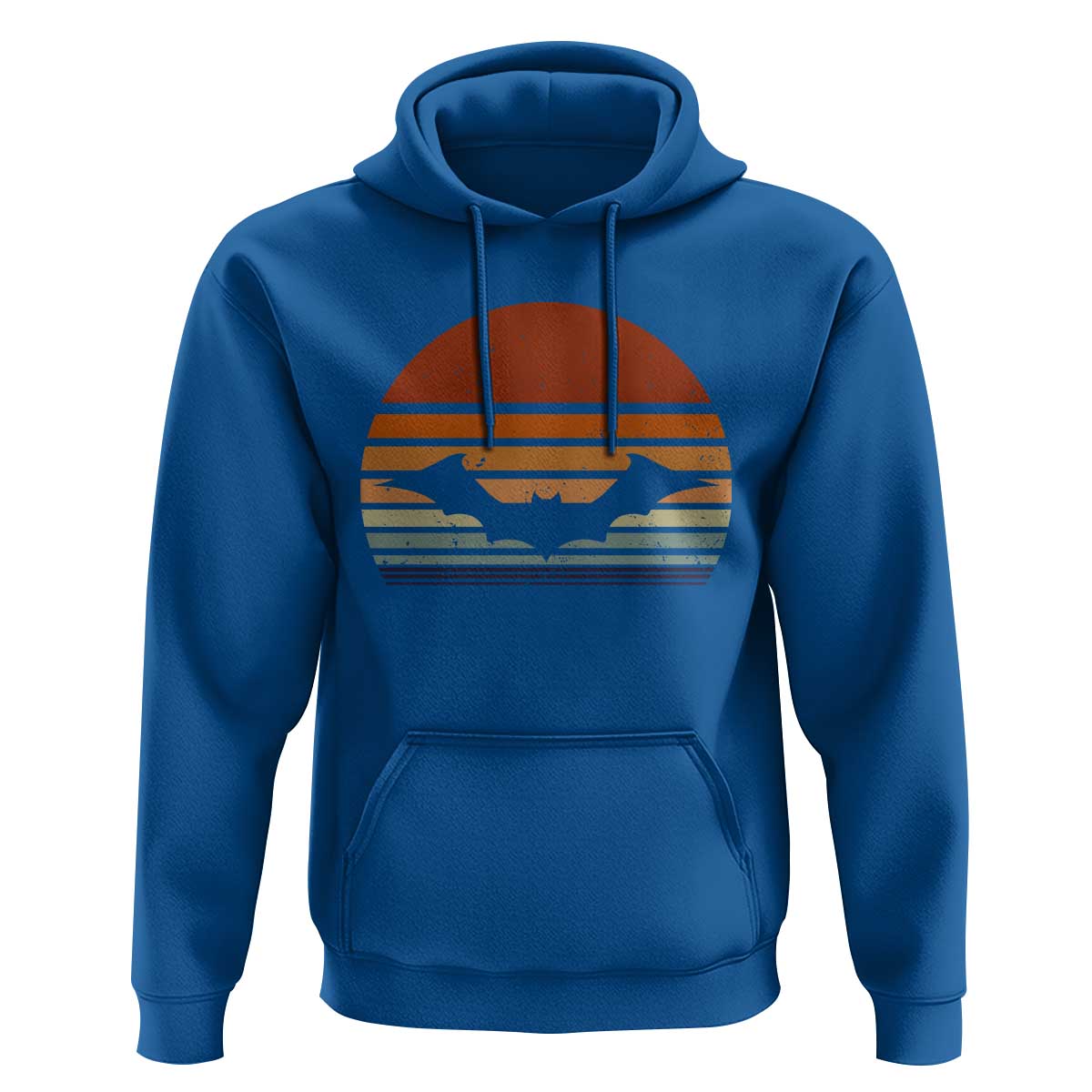 Royal blue pullover hoodie with bat graphic on chest and front kangaroo pocket.