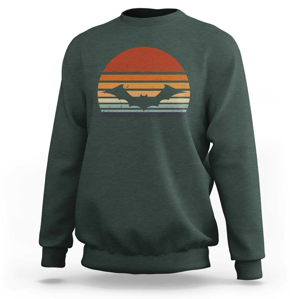 Dark forest green Halloween bat sweatshirt with retro sunset bat graphic, crew neck long sleeves.