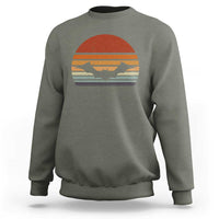 Gray Halloween bat sweatshirt with retro sunset bat graphic, crew neck long sleeves.