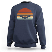 Navy Halloween bat sweatshirt with vintage sunset bat graphic, crew neck long sleeves.