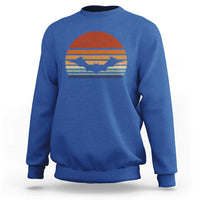Royal blue Halloween bat sweatshirt with retro sunset bat graphic, crew neck long sleeves.