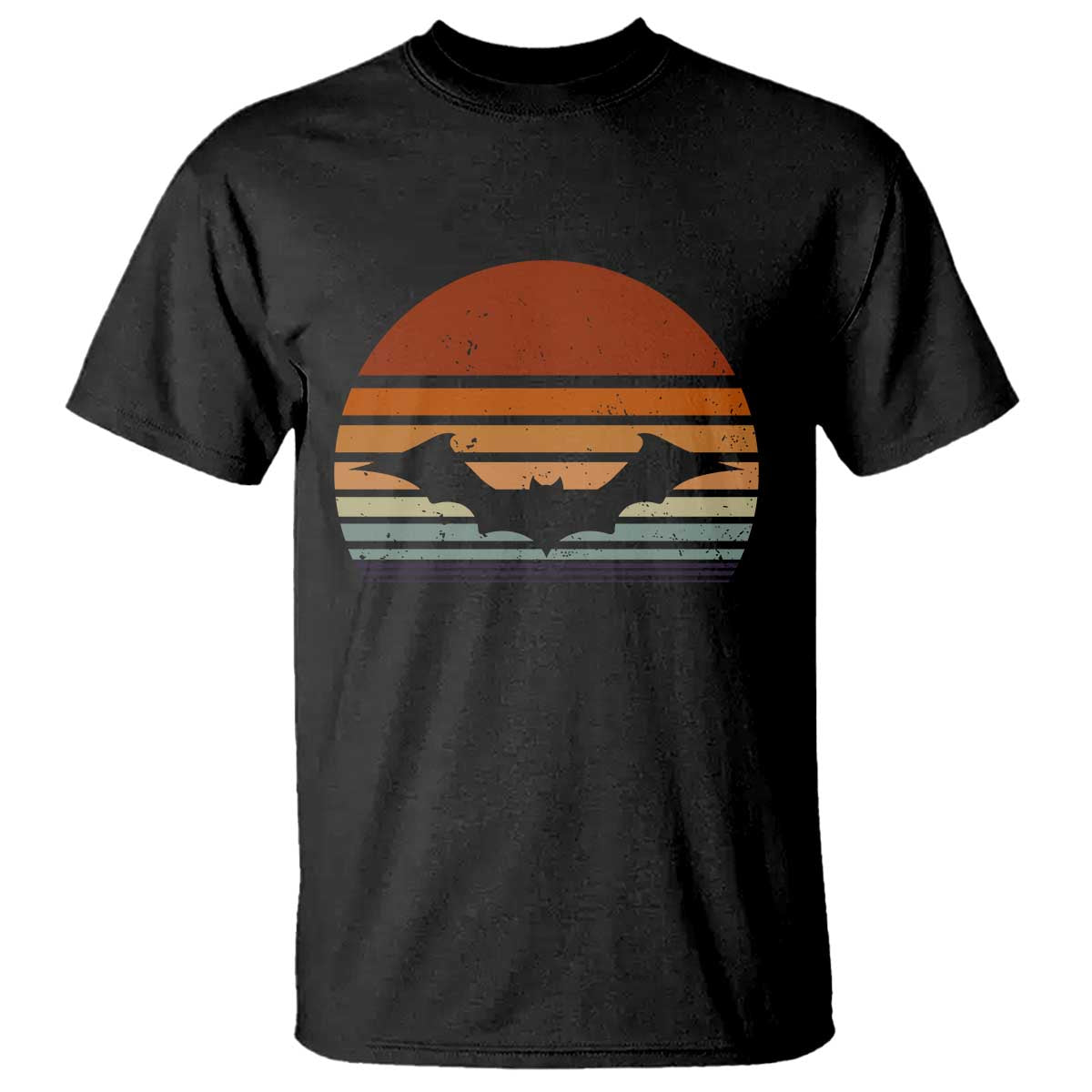 Black T-shirt with vintage orange bat graphic and striped sunset design