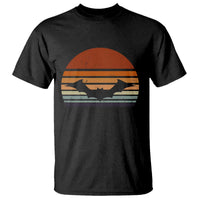 Black T-shirt with vintage orange bat graphic and striped sunset design