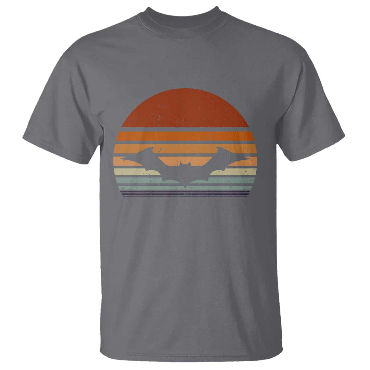 Charcoal-gray T-shirt with vintage orange bat graphic and striped sunset design