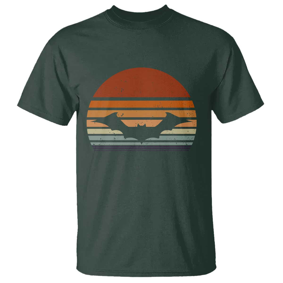 Dark forest green T-shirt with vintage orange bat graphic and striped sunset design