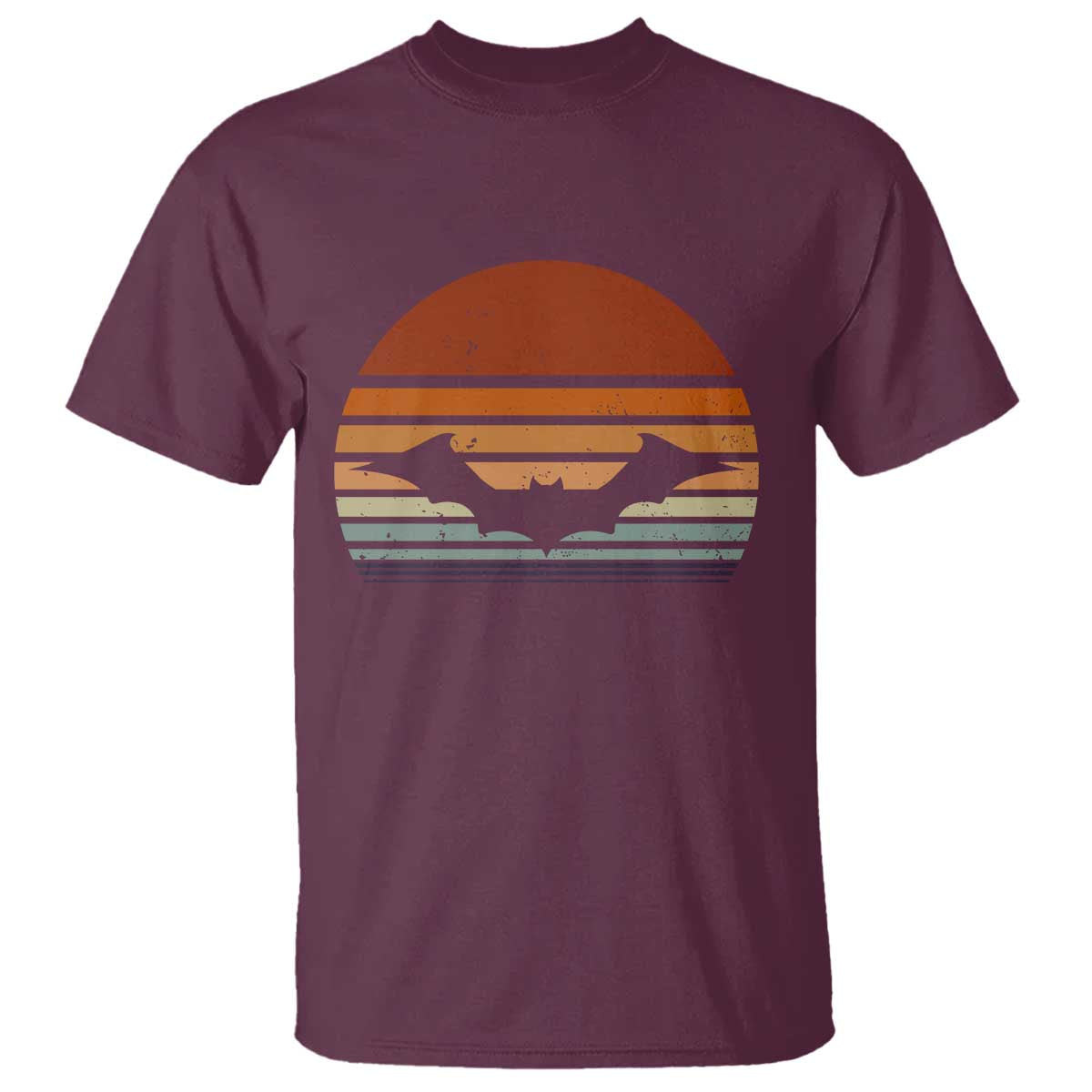 Maroon T-shirt with vintage orange bat graphic and striped sunset design