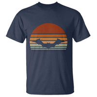 Navy T-shirt with vintage orange bat graphic and striped sunset design