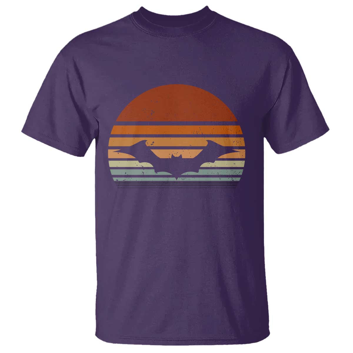 Purple T-shirt with vintage orange bat graphic and striped sunset design