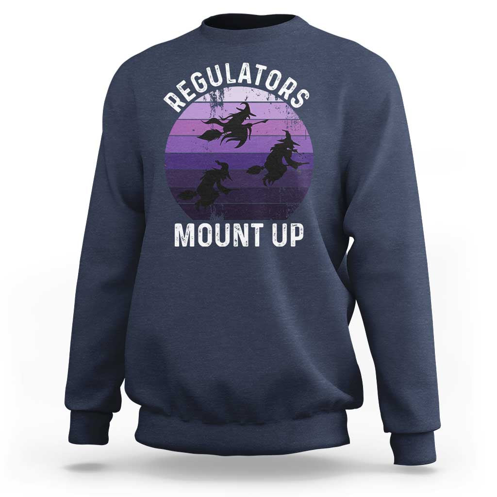 Navy Halloween witch sweatshirt with 'REGULATORS MOUNT UP' back graphic