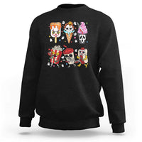 Black crewneck sweatshirt with colorful horror Halloween graphic on chest