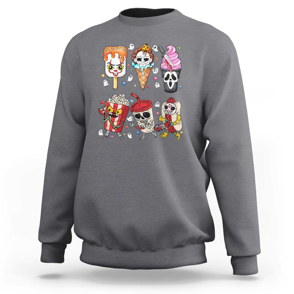 Gray crewneck sweatshirt with colorful horror Halloween graphic on chest