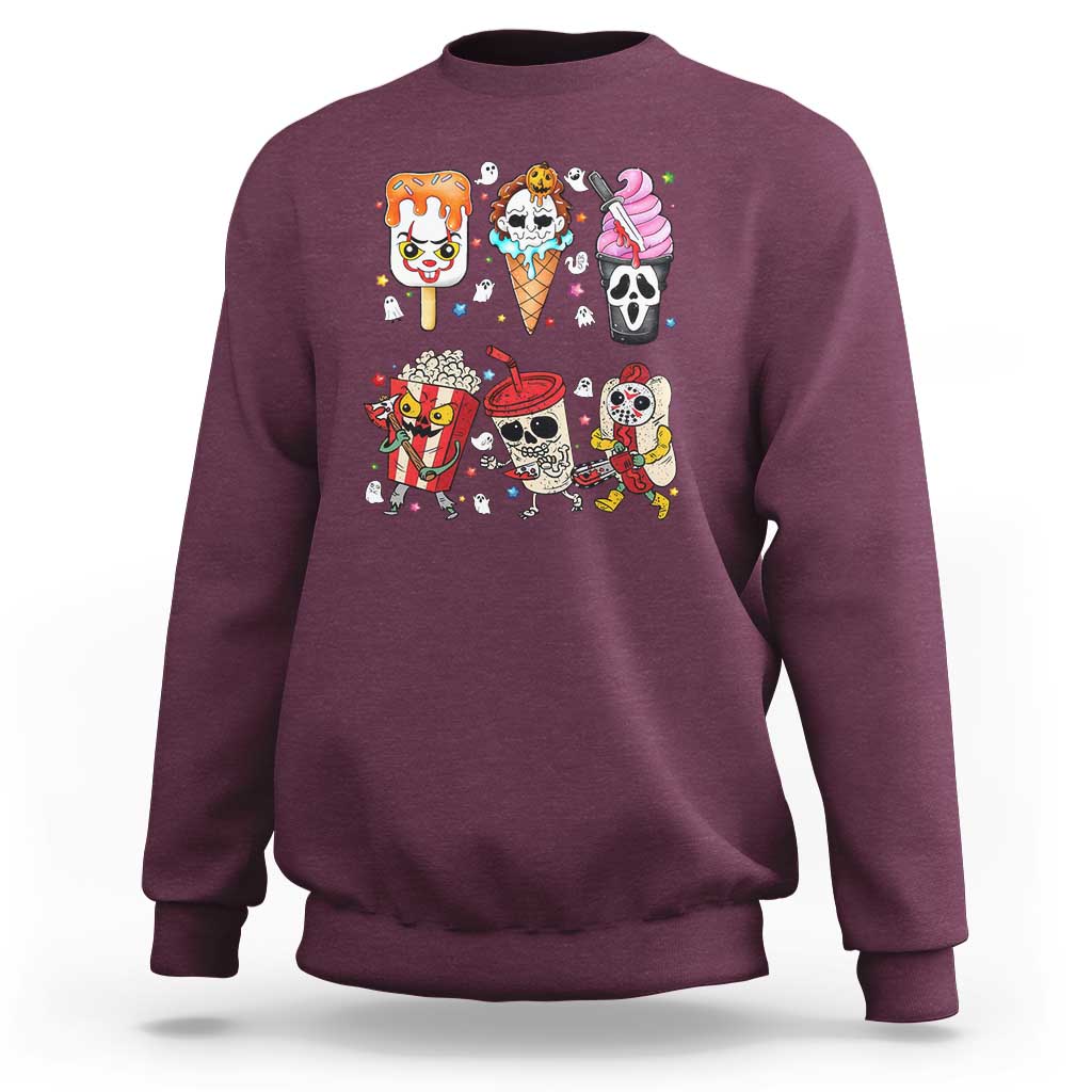 Maroon crewneck sweatshirt with colorful horror Halloween graphic on chest