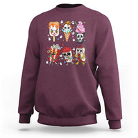 Maroon crewneck sweatshirt with colorful horror Halloween graphic on chest